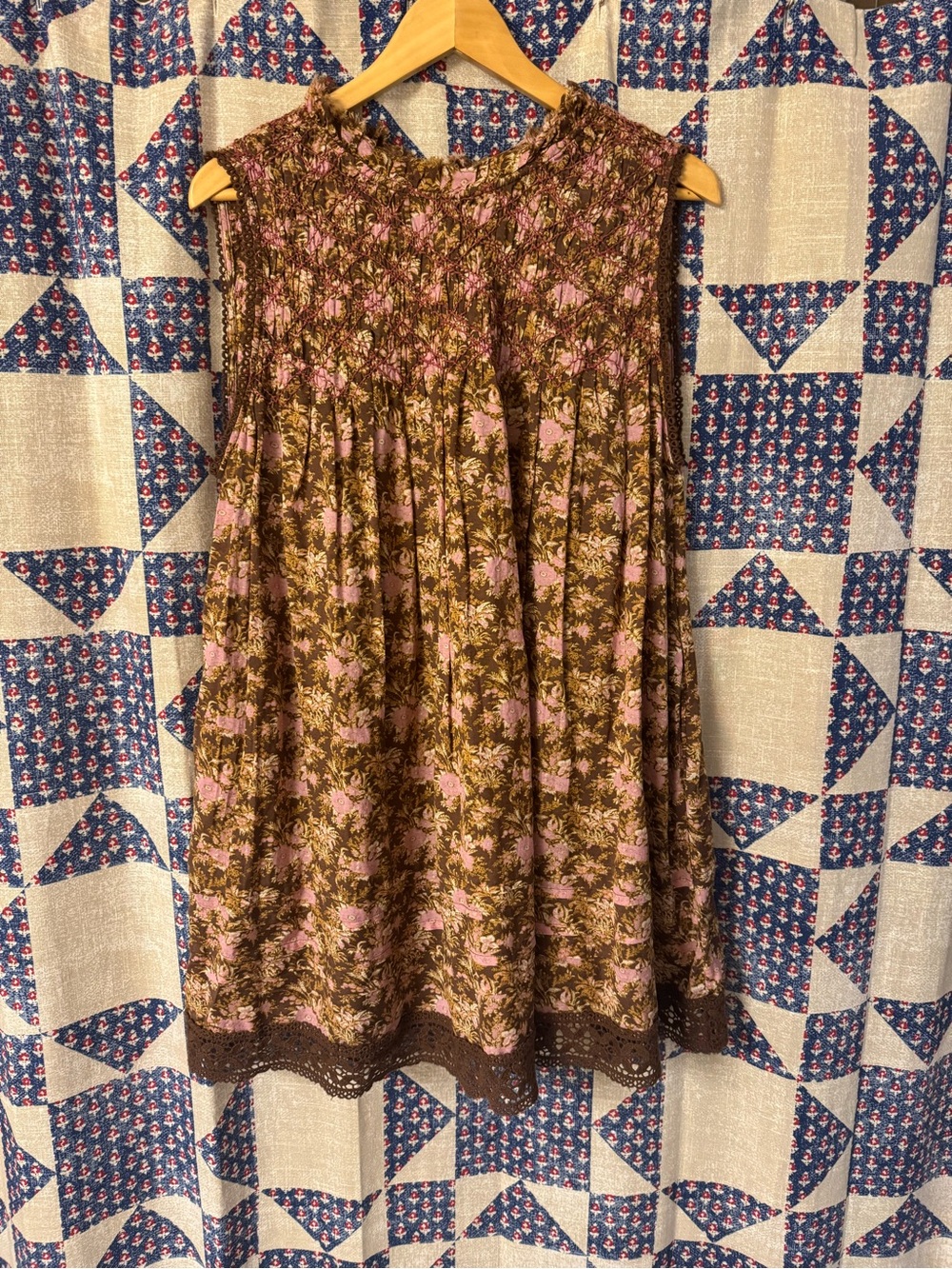 Free People Brown and Pink Floral Smocked Mini Dress